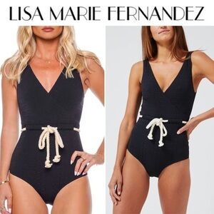 LISA MARIE FERNANDEZ Yasmin belted wrap-effect seersucker swimsuit sz 0 XS NWT